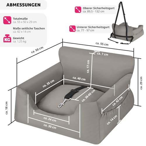 tectake® Hundesitz, Autositz für Hunde, Hunde Autositz für Rückbank, Beifahrer oder Rücksitz, Reisebett Hund, mit Hundegurt, Sitzerhöhung mit Hundeanschnaller, Hundebett mit Anschnaller - grau