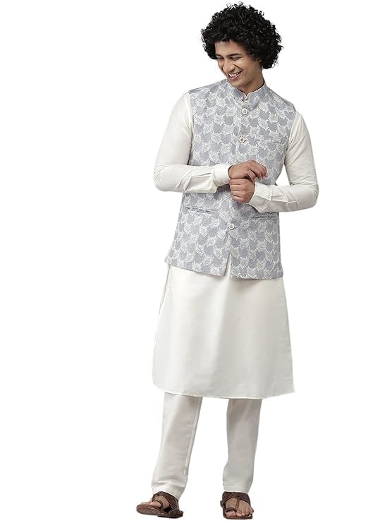 see designs Men Sky Blue & White Solid Kurta Pyjamas With Nehru jacket-picture-31