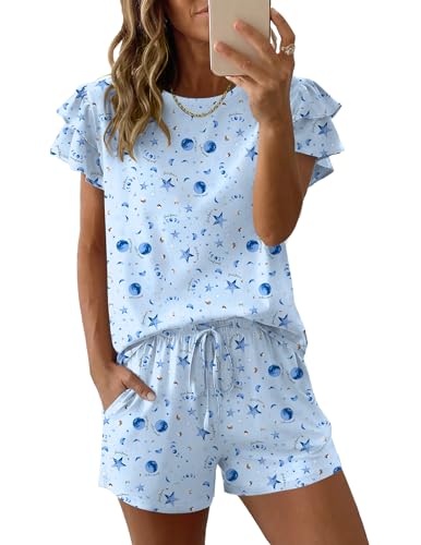 Image of Ekouaer Womens Pajama Sets 2 Piece Ruffle Sleeves Top and Shorts Pjs
