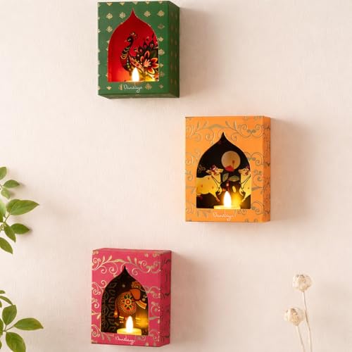 Image of Nirmalaya Airavat Jharokha Gift Set with Incense Sticks, 3 Jharokha Diya Wall Decor, 3 Diya Lights & 2 Havan Cups | Gift Box for Housewarming, Wedding, Anniversary, Diwali & Pooja