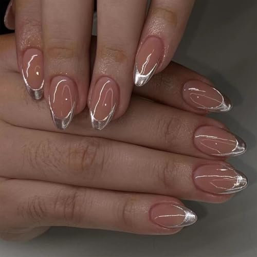 Sliver French Tips Fake Nails - Almond Shape Medium Length False Nails with Metallic Glossy Designs, Full Cover Manicure Kit for Women and Girls Daily (24pcs)