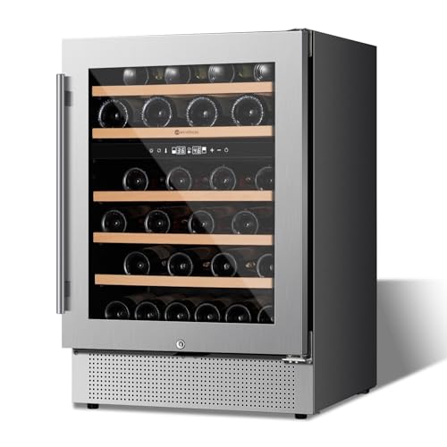 24” Wine Cooler Refrigerator, 46 Bottle Dual Zone Built-in Under Counter Freestanding Mini Cellars Fridge with Upgrade Compressor Tempered Glass Door Lock, Small Chiller Kitchen Home Bar
