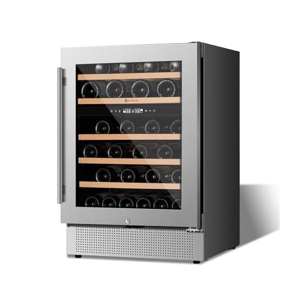 24” Wine Cooler Refrigerator, 46 Bottle Dual Zone Built-in Under Counter Freestanding Mini Cellars Fridge with Upgrade Compressor Tempered Glass Door Lock, Small Chiller Kitchen Home Bar