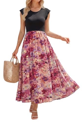 Image of OUGES Women's Maternity Dress Summer Ruffle Sleeve Patchwork Casual Flowy Maxi Dresses with Pockets