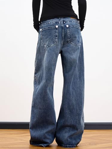 Image of EMMIOL Women Hip Hop 90s Vintage Baggy Jeans Denim Pants Mid Waist Jeans