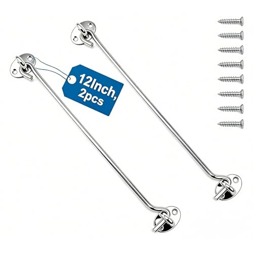 PHMING 2 Stück Sturmhaken Edelstahl 12 Inch Sturmhaken mit Ösem Silber Haken mit Öse Enthält 8 Schrauben für Verriegeln von Fenstern Jalousien Schiebetüren Garagentoren