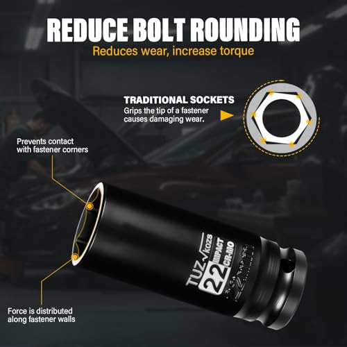 Image of 1 /2 Inch Drive 22mm Deep Metric Impact Socket,CR-MO,6 Point Radius Corner Design,Square Chamfered Opening,Axle Nut Impact Grade Socket for Easy Removal