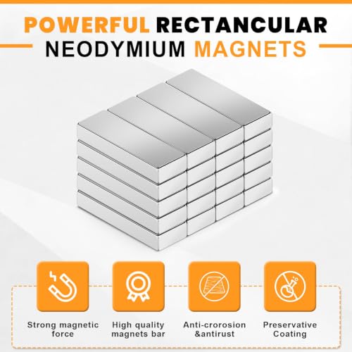 Image of MIKEDE Strong Neodymium Magnets, Rare Earth Magnet with Adhesive Backing | Super Strong Bar Magnets, Waterproof Heavy Duty Magnet Strip for Fridge, Office, Crafts, DIY, 30x10x5 mm, 20Pcs, Silver