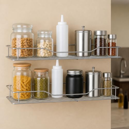 Image of TechSrmaji Stainless Steel Wall Mount Shelf for Kitchen and Bathroom, Heavy Duty Storage Rack, Rustproof, 54x15x5.5 cm, Pack of 2