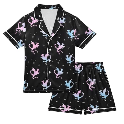 Cute Animals 2 Piece Satin Pajamas Set Casual Button Down Silk Sleepwear Summer Nightwear