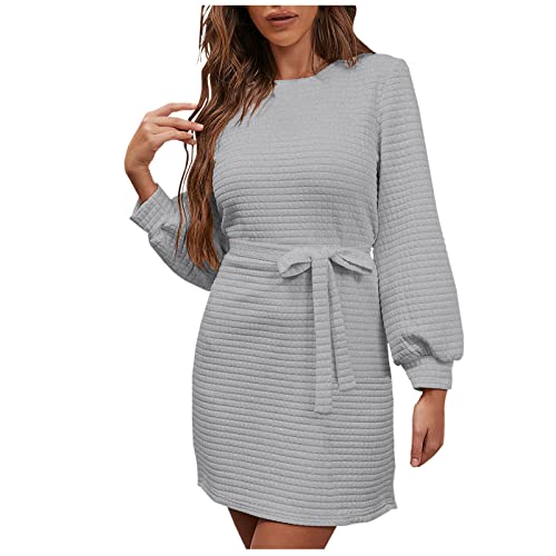 Roupas de manga comprida cinza para meninas, vestido midi casual waffle, vestido de noite com gola e