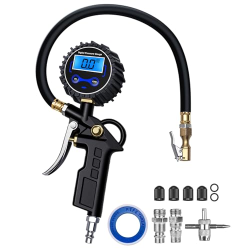 Digital Tire Pressure Gauge with Inflator, Air Compressor Accessories with Air Chuck Quick Connect Coupler, Car Attachments with Rubber Hose for Car, Truck, SUV, Cycle, RV, 250 PSI