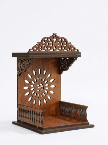 Image of Handcrafted Wooden Car Dashboard Temple, Walnut Finish, Laser-Cut Om Floral Design, MDF Mandir for Car Interior (Classic Ornate Roof Walnut Finish)
