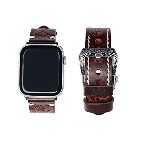 WONJOY Compatible with Apple Watch Band 45mm 44mm 42mm 41mm 40mm 38mm 49mm iWatch Series 8/7/SE/6/5/4/3/2/1/Ultra, Retro Leather Handmade Strap Engraved Floral Pattern Buckle for Men Women