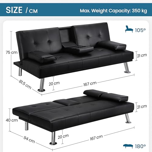 Yaheetech 3er-Sofa Schlafsofa Couch mit Tassenhalter Gästebett, Rückenlehne neigbar 105°/140°/180°, 167 x 81,5 x 75 cm, 350 KG belastbar, schwarz Kunstleder – Bild 4