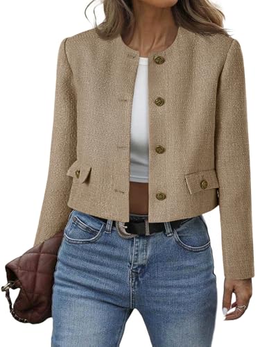 Cicy Bell Womens Cropped Tweed Blazer Collarless Button Down Long Sleeve Short Suit Jackets Business Casual Fall Coats Coffee