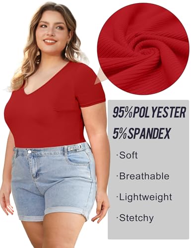 Image of COOTRY Plus Size Short Sleeve Bodysuits for Women V Neck Body Suit Tops Basic One Piece Bodysuit T Shirt