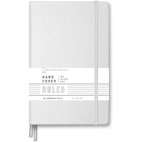 Minimalism Art, Premium Hard Cover Notebook Journal, Medium Size, A5 5.8" x 8.3", 186 Numbered Pages, Gusseted Pocket, Ribbon Bookmark, Extra Thick Ink-Proof Paper 120gsm (Wide Ruled, White) Cover