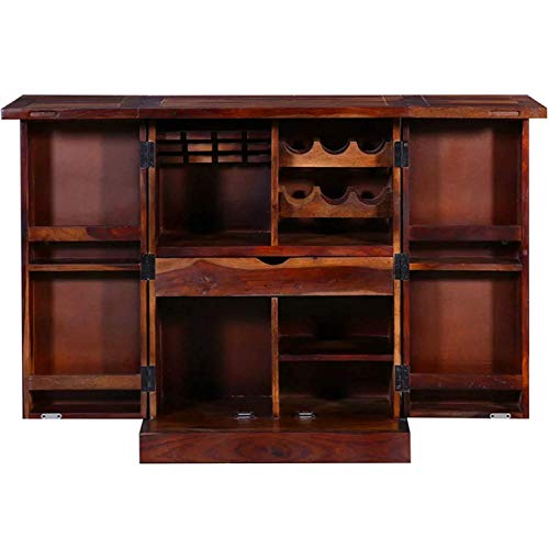 Image of Credenza Solid Sheesham Wood Wooden Bar Cabinet with Drawer Rack Wine Wisky Scotch All Type Hard and Soft Drinks Storage Cabinets for Home Living Room Honey Oak Finish Stylish Wooden Bar Cabinet