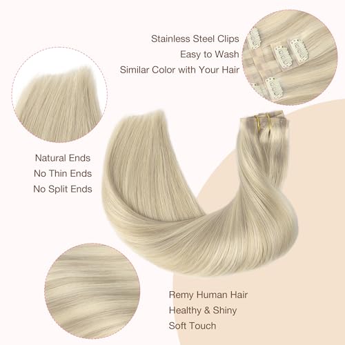 Image of GOO GOO Clip in Hair Extensions Real Human Hair, Remy Human Hair Extensions Clip ins for Women, Natural Human Hair, 14inch 110g 7Pcs, 17A /60A Ash Blonde Highlighted Platinum Blonde