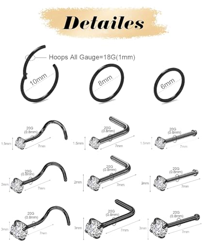 AMASIS 12 Pcs 20G Hypoallergenic 316L Surgical Stainless Steel Nose Rings Hoops Gold Silver Nose Piercings Jewelry L Shape Nose Rings Corkscrew Nose Rings Studs 1.5/2/3mm CZ Sets for Women Men