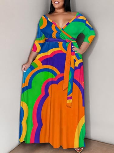 Image of SUZONANA Plus Size Maxi Dresses for Curcy Women Casual Loose 3 /4 Sleeve Long Dress with Belt