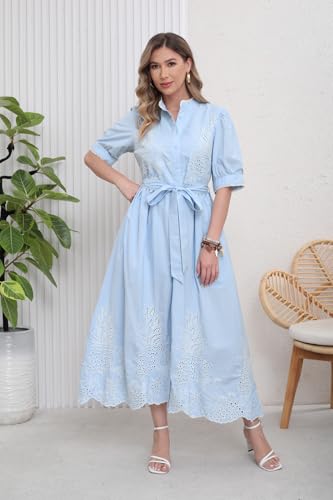 utcoco Women's Embroidered Eyelet Shirt Dresses Belted Puff Sleeve Button Down Swing Boho Cotton Maxi Shirt Dress4