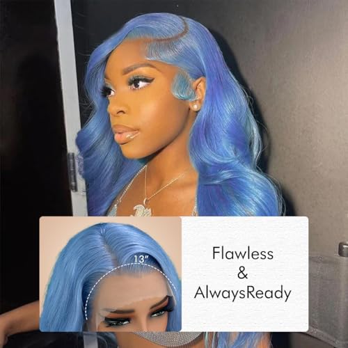 Image of Light Blue Body Wave Lace Front Wig Human Hair 180% Density Colored Human Hair Wigs For Women HD 13x4 Lace Frontal Wig Virgin Brazilian Hair 18 Inch