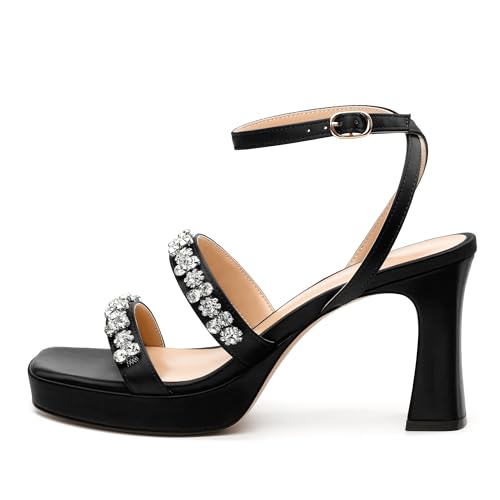 MODENCOCO Platform Heels for Women Heeled Sandals with Rhinestone Strappy Square Toe Block Heel for Wedding Dress Party3
