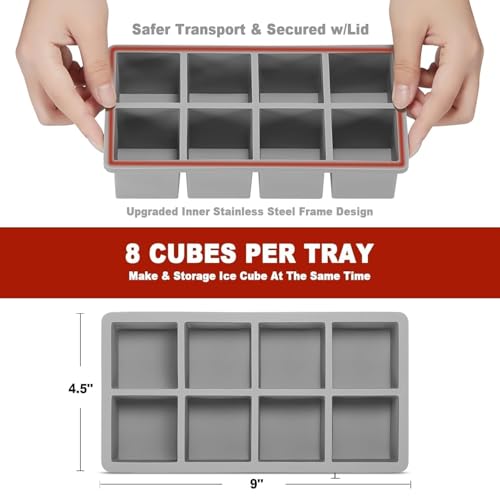 Image of Ice Cube Molds with Lid,Big Silicone Ice Cube Tray for Whiskey,2Inch Square Ice Cube Tray,Easy-Release Ice Mold,Giant Ice Cubes for Bourbon Cocktail (2, Off-Grey)