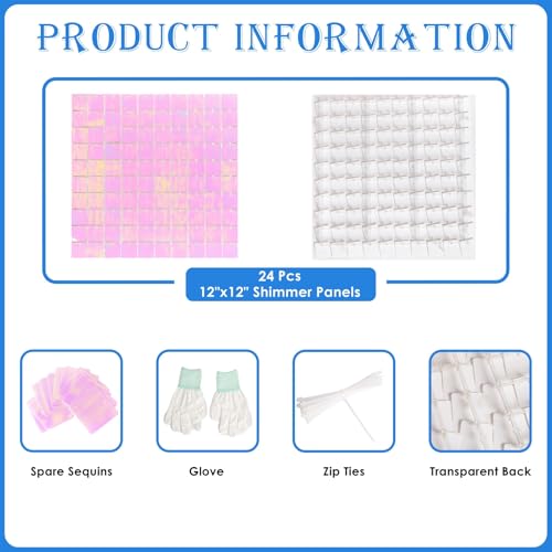 Image of Shimmer Wall Backdrop Pink Iridescent Square Sequin Wall Panel Backdrop Decor for Wedding, Anniversary, Birthday, Party, 24 Panels