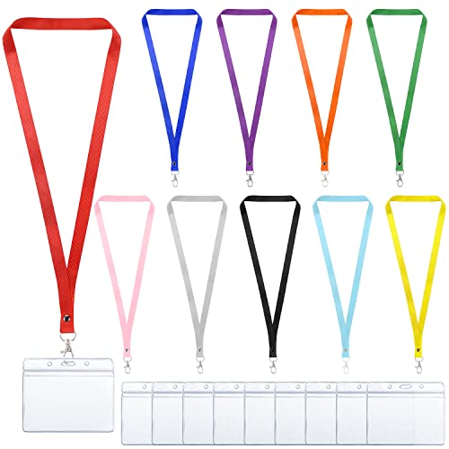 10 Pcs Lanyard with 10 Pcs Card Holder, Clear Waterproof ID Card Holders Name Tag Badge Card Holders with Neck Lanyard for Work Badges ID Cards Business Cards Key Rings