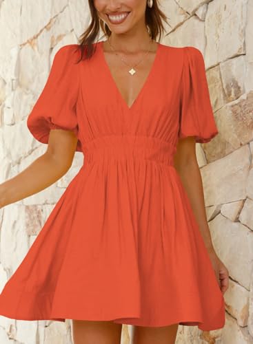 Image of Outfeel Women 2026 Summer Mini Dress Puff Short Sleeve Sexy V Neck A Line Elastic High Waist Flowy Swing Dresses
