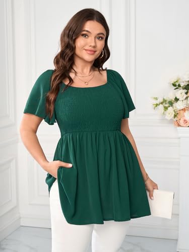 Women's Plus Size Dressy Tops Square Neck Short Sleeve Smocked Peplum Blouse Tops Shirts2