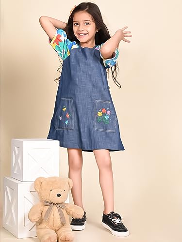 Image of LILPICKS Printed Sleeves A-line Solid Pocket DressFor Girls (Blue)