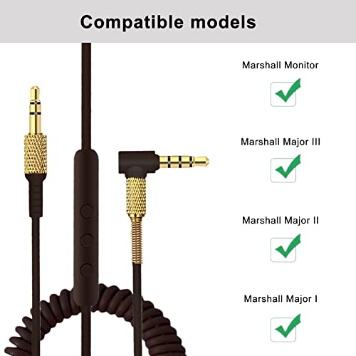 Aiivioll Ersatz Audio Kabel Kompatibel mit Marshall Major 1/Major 2/Major 3/Marshall Monitor Kopfhörer,Gewickeltes Stereo Audio Verlängerungskabel mit Remote Mikrofon und Lautstärkeregler(Braun)
