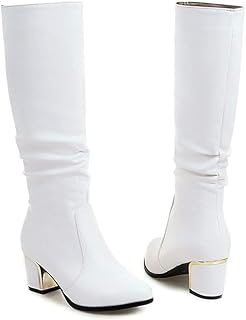 Botas de mujer con tacón, color blanco, botas de invierno de cuero, botas informales, botas informales, elegantes botas de vaquero, tacón de bloque, botas occidentales, botas largas, antideslizantes,