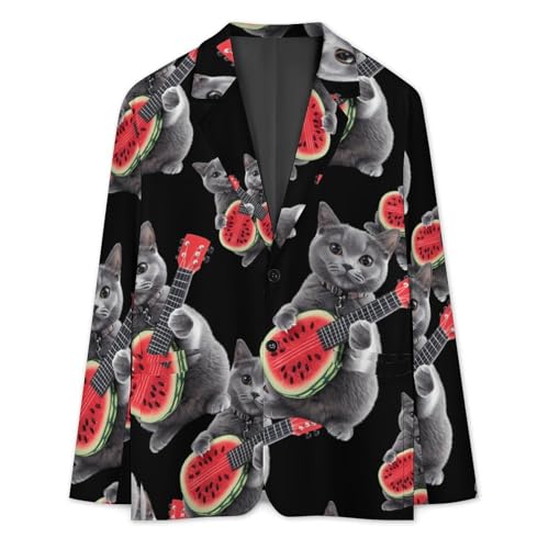 Cat Play Watermelon Guitar Casual Men's Blazers Two Button Lapel Suits Jacket Lightweight Sport Coats3