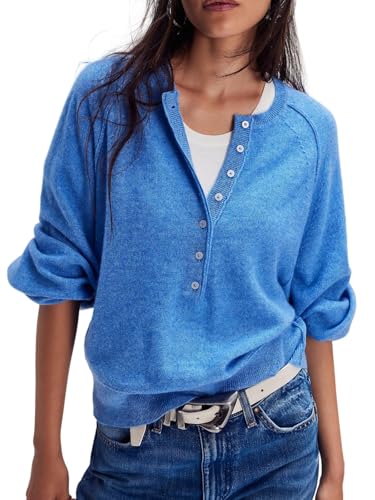 Womens Half Button Sweater Henley Neck Lightweight Fall Long Sleeve Pullover Tops Trendy Cute Crop Sweatshirt
