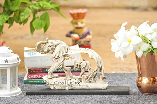 Image of Resin Elephant Statue with Baby Elephant Animal Figurine On Wooden Base for Feng Shui and Vaastu Statue (23X6X16 cm, Off White)