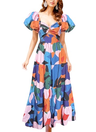 Image of GOLDSTITCH Women's 2026 Boho Floral Maxi Dress Puffy Short Sleeve Cutout V Neck Casual Long Beach Dress
