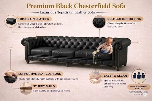 Image of Modern Classic Design Leatherette Luxury Chester Sofa Set with Button Tufted, Sofa for Living Room Home, Office, Living Room Set, Hotle and Lobby (Black, 3+2+1=6 Seater Sofa)