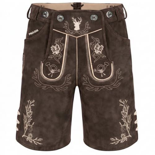 PAULGOS Herren Trachten Lederhose HK3 + Träger, Echtes Leder, Größe 54, Dunkelbraun