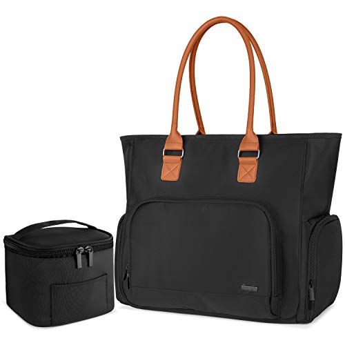 Image of LUXJA Breast Pump Bag with Breastmilk Cooler Bag (Hold Four 5 Ounce Breastmilk Bottles), Leather Handle Breast Pump Tote for Working Mothers (With a Laptop Pocket), Black