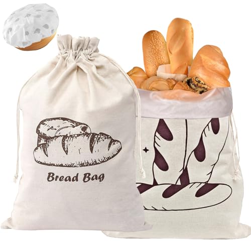 2 bolsas de pan de lino con forro interior de TPU, 45 x 30 cm, bolsas de pan para mantener el lino fresco, reutilizables con cordón KAMHBE