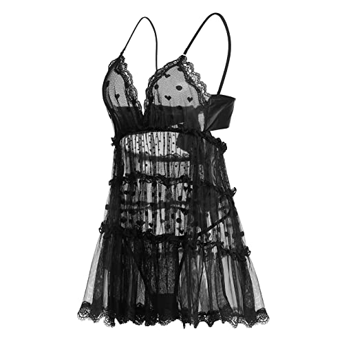 Littleforbig Conjunto de lingerie feminina de renda com decote em V e tanga – Romântico, Preto, P
