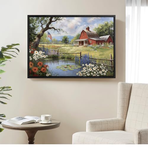 Image of American Flag Framed Canvas Wall Art, 4th of Jul Floral Canvas Prints, Summer Cottage Landscape Patriotic Decorations, Vintage Rustic Independence Day Wall Decor for Bedroom Living Room 16x20