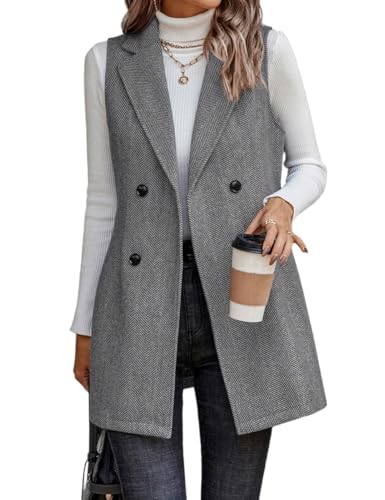 IDEALSANXUN Long Vest for Women Sleeveless Tweed Blazer Fall Jackets Cardigan Outerwear