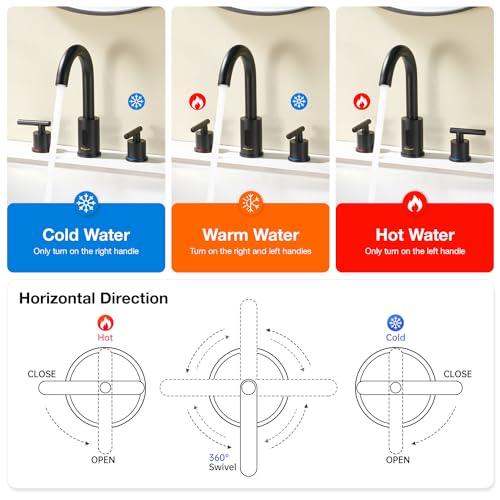Charmingwater Touchless Bathroom Faucet For 3 Hole, 8 Inch Widespread Bathroom Sink Faucet With Automatic Sensor, 2-Handle Basin Mixer Vanity Taps With 360° Swivel Spout, Matte Black thumb #4