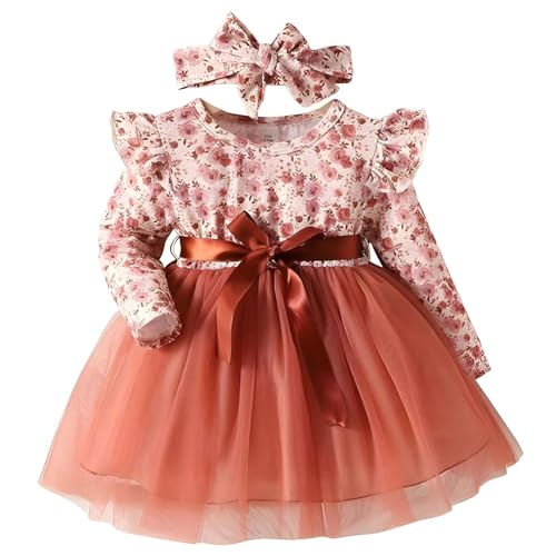 Image of Niren Enterprise Long Sleeve Printed Flower Belted Round Neck Baby Girl Frock with Knee-Length and A-Line Style
